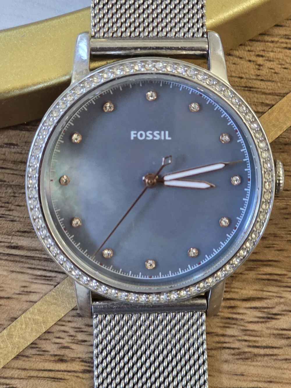 Fossil Silver Mesh Watch with Blue Mother-of-Pearl Dial and Crystal Bezel